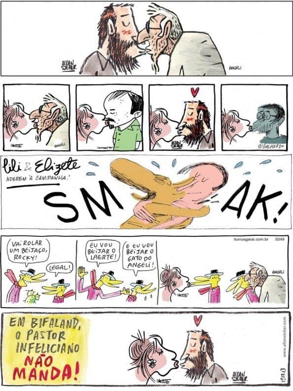 beijaço nos quadrinhos da Folha. Angeli, do Adão, do Dahmer, do Galhardo, do Sieber e, claro, Laerte fazendo beijaço e protestando. Fonte: Trabalho Sujo ( http://bit.ly/10feB7a )