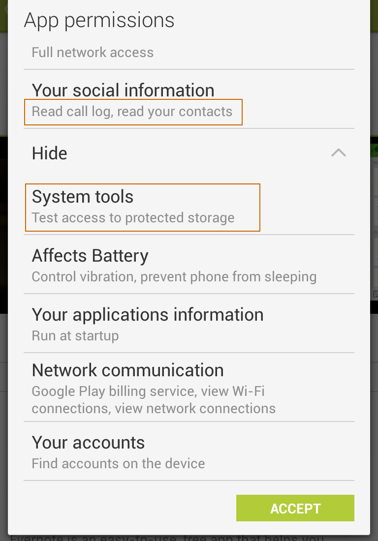 Aplicativos Android, privacidade e confidencialidade: Evernote e táxis Tela 1