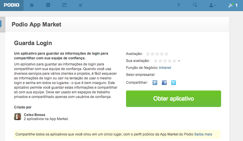 Tela do aplicativo Guarda Login no Podio Marketplace