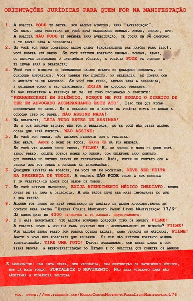 Orientações jurídicas para presentes em manifestações por Habeas Corpus Movimento Passe Livre Manifestação 17/6