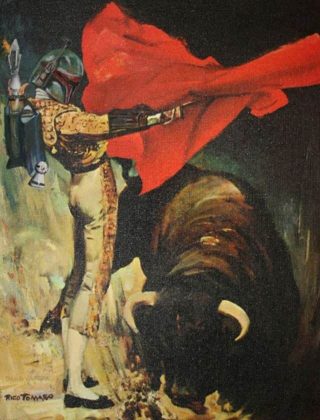 Personagens de Guerra nas Estrelas (Star Wars) em pinturas de "bazar de caridade"