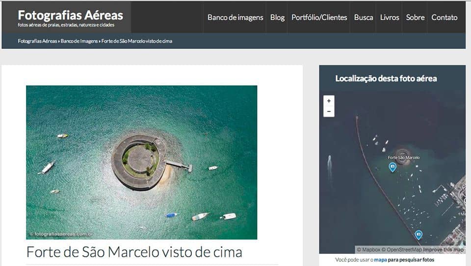 Foto aérea e mapa via satélite do Forte de São Marcelo no site Fotografias Aéreas