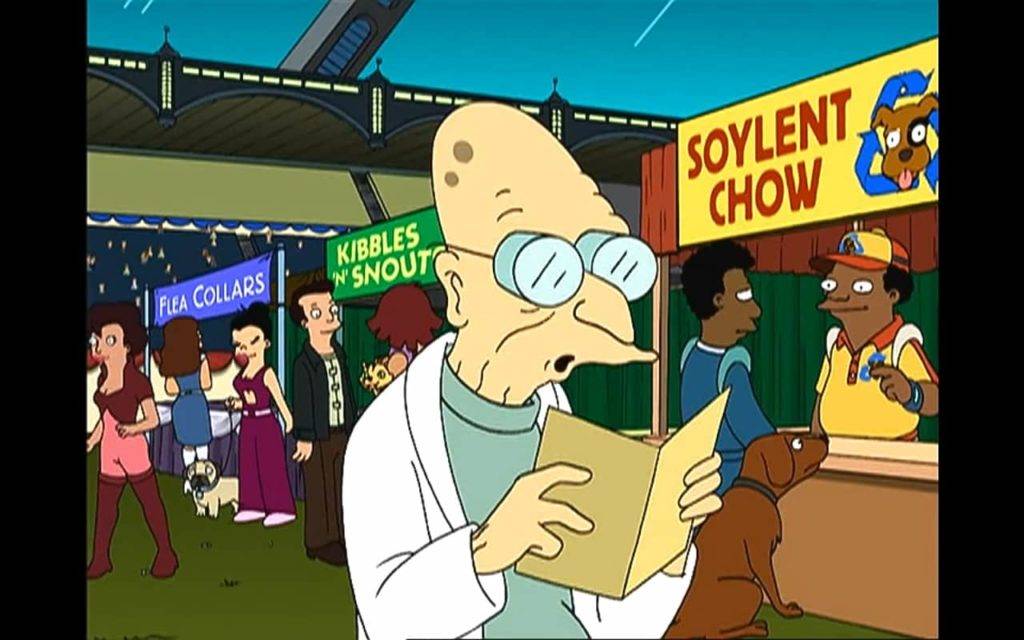 Cientista idoso lendo em feira de animais. Aofundo, um placa com o nome de produty Soylent Chow