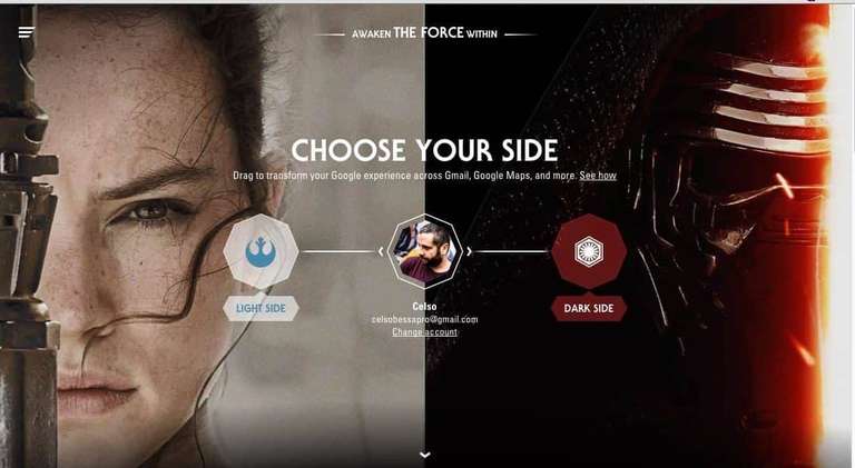 Tela de site dando opção do usuário escolher facções d eGuerra Nas Estrelas para customizar a experiência de uso do sit