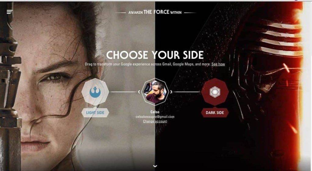 Tela de site dando opção do usuário escolher facções d eGuerra Nas Estrelas para customizar a experiência de uso do sit