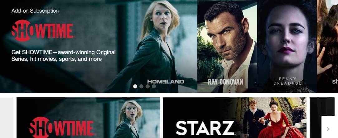 Cartazes de séries na página principal do site Amazon Prime