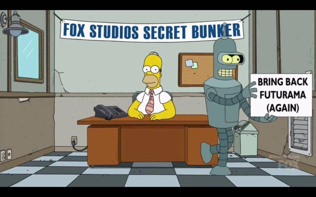 desenhoi: robô passa na frente de um mesa, segurando a placa Bring Back Futurama (again)