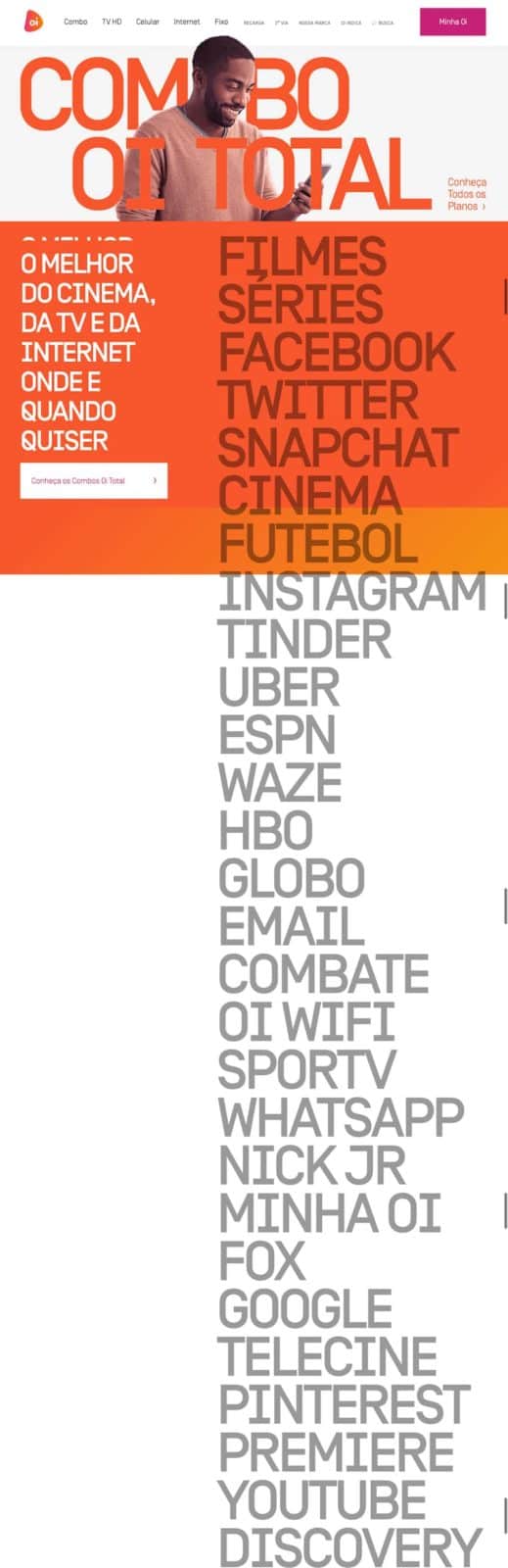 tela do site da OI promovendo aplicativos e canais de TV