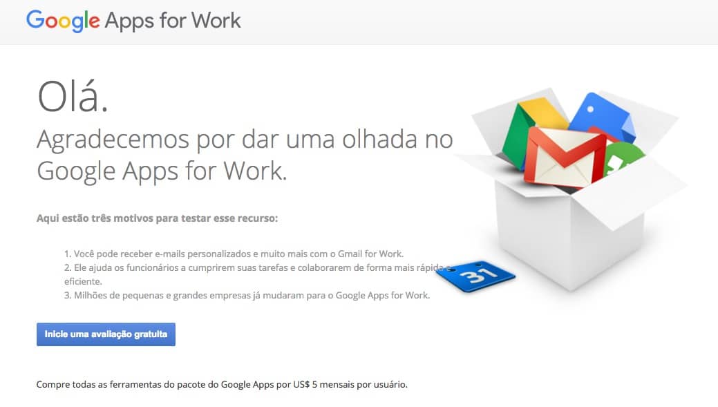 Tela do site Google Apps para Empresas