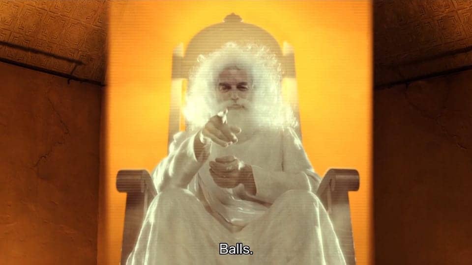 Deus, como um homem de barba branca em um trono, apontando o dedo e sorrindo para o interlocutor