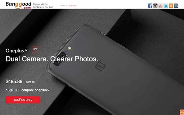 Tela do site Bangood mostrando o celular OnePlus 5