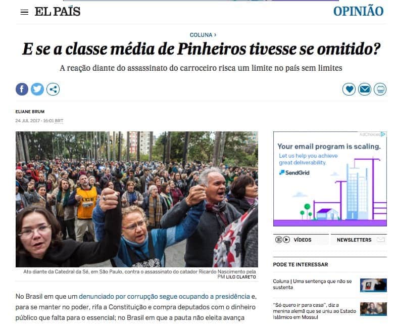 reproduçao de tela com foto de multidão em rua e os dizeres: E se a classe média de Pinheiros tivesse se omitido? A reação diante do assassinato do carroceiro risca um limite no país sem limites