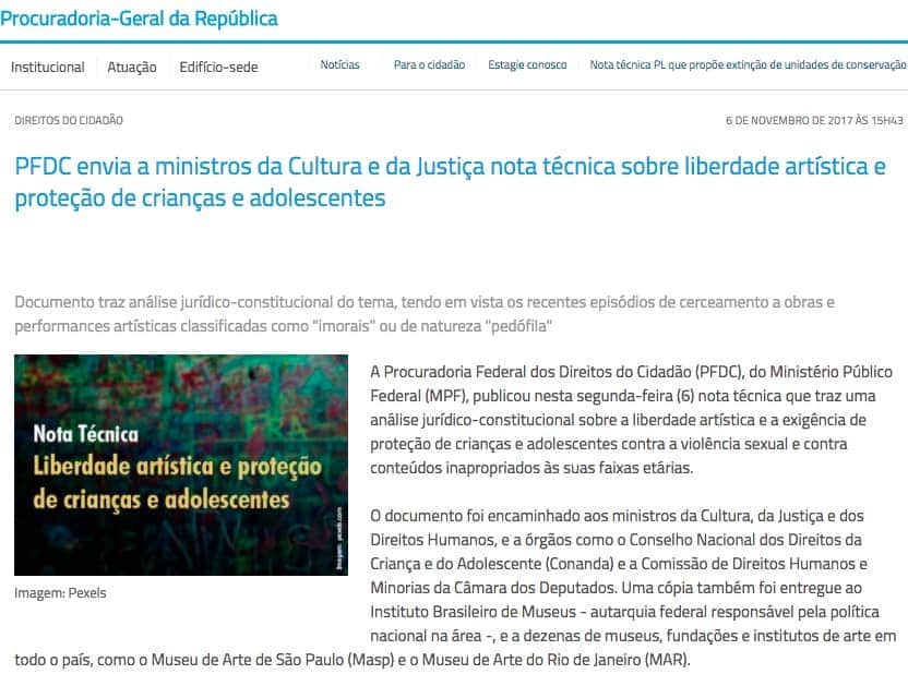 Site do Ministério Público Federal com manchete PFDC envia a ministros da Cultura e da Justiça nota técnica sobre liberdade artística e proteção de crianças e adolescentes