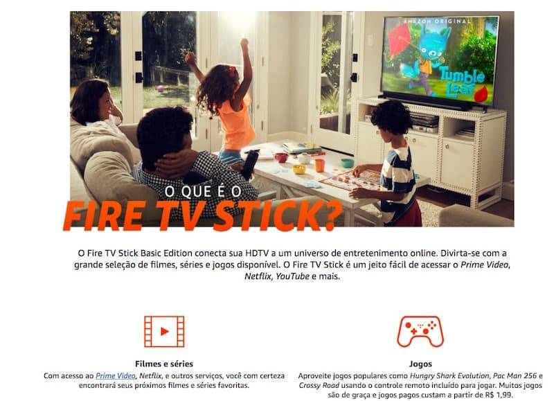 sala de estar com pessoas jogando e o texto FireTV Stick