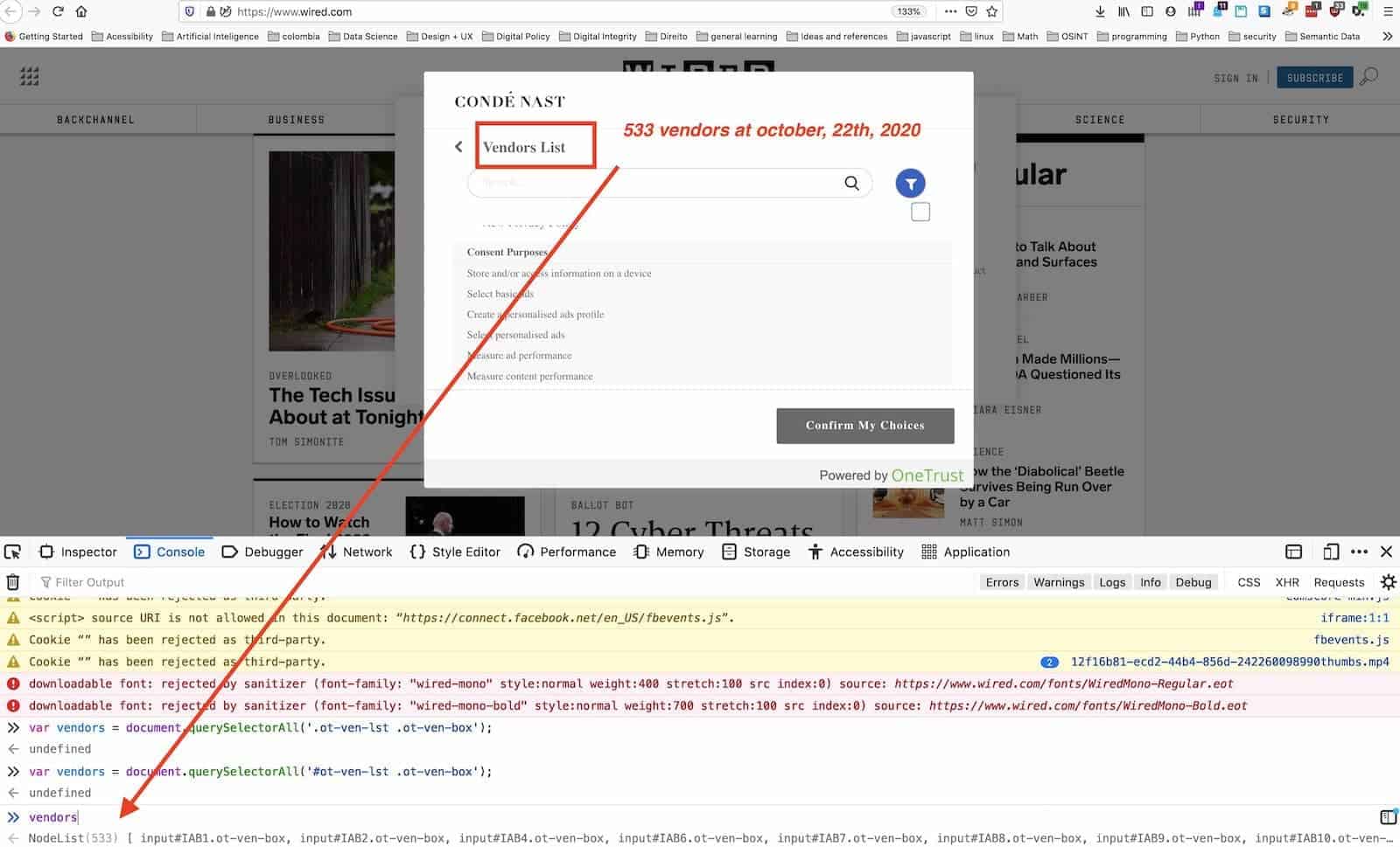 Screenshot of Wired.com with a list of 533+ vendors with their privacy policies