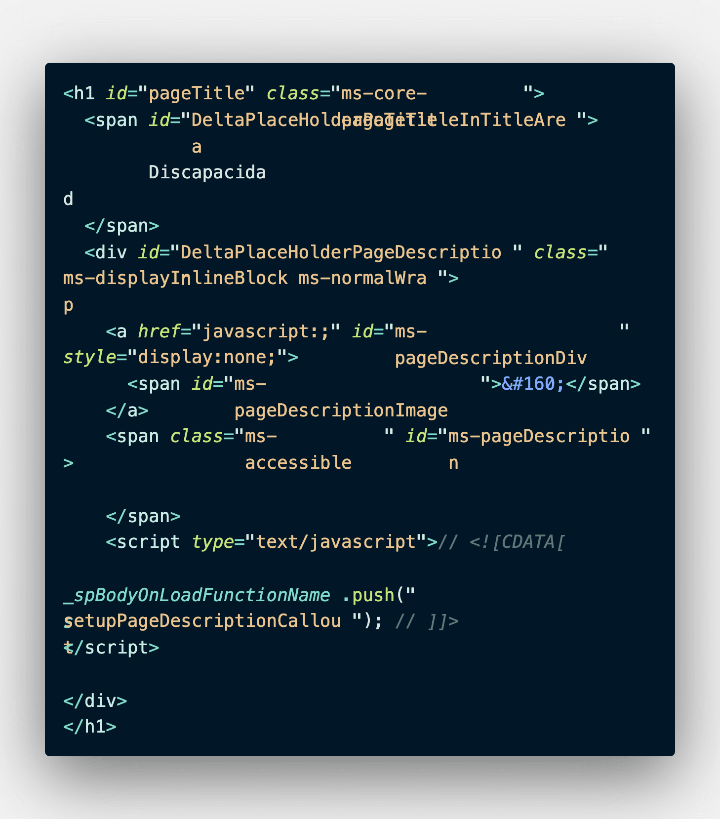 A partial HTML markup showing divs, spans, anchor, text and even script tags inside a H1 HTML element.