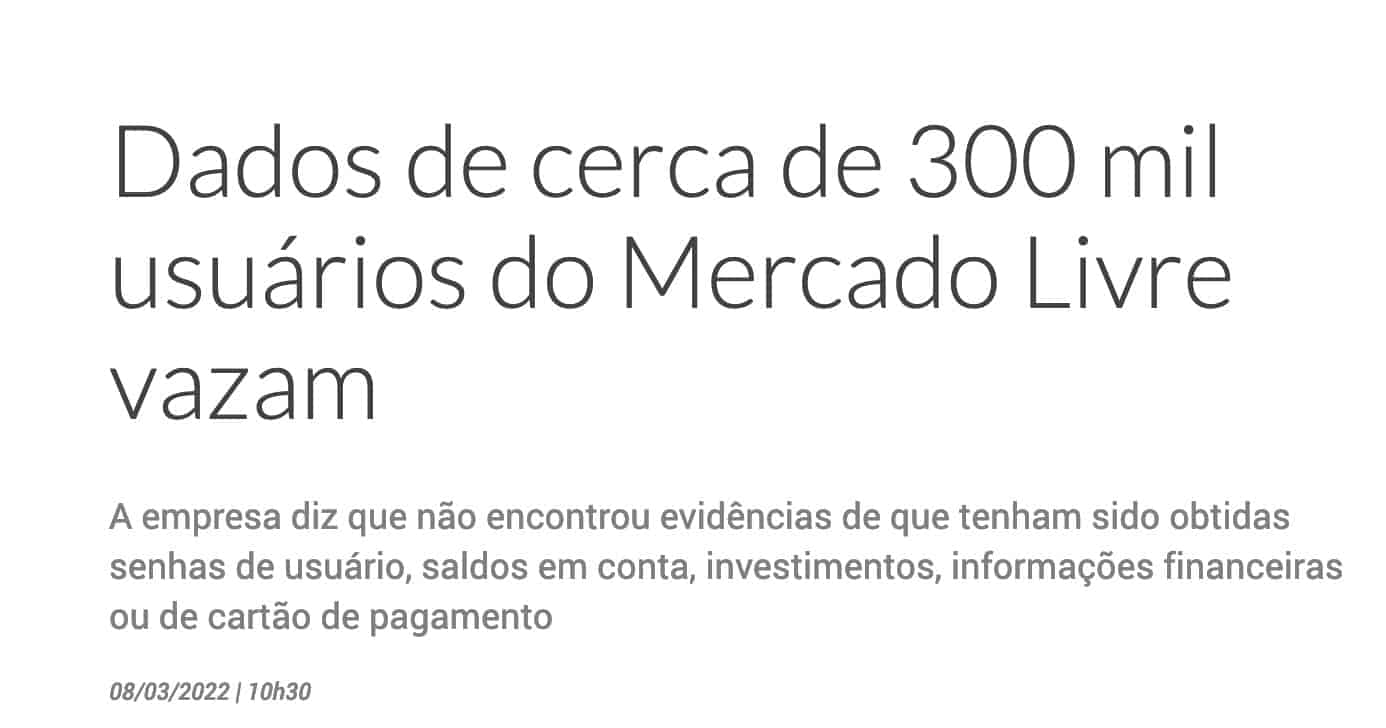 Imagem do site do Link Estadão com a manchete Dados de cerca de 300 mil usuários do Mercado Livre vazam