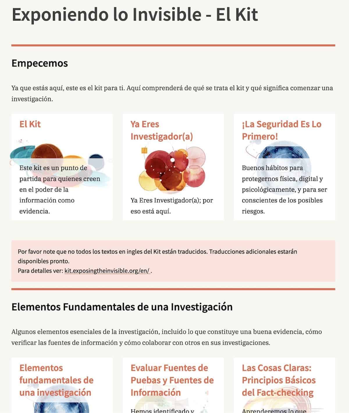 Sobre un fondo beige, una cuadrícula de bloques de imágenes y textos que presentan diferentes secciones del sitio web Expositing The Invisible.