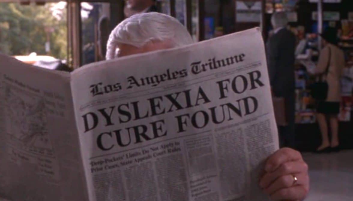 Jornal com a notícia dyslexia for cure found. (Dislexia para a cura encontrada.)