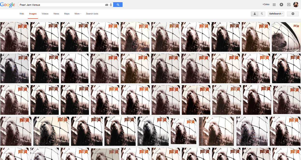 Página de resultados meio bizarra para Pearl Jam Versus no Google Imagens traz apenas a capa, mas no vinil havia outras fotos