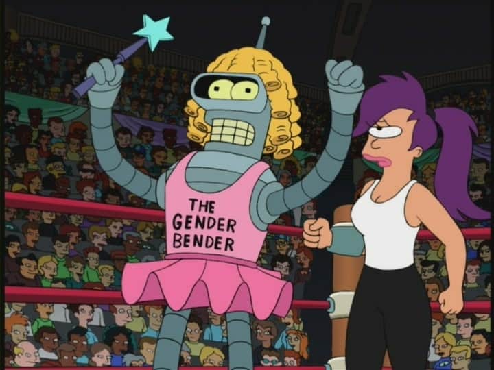 O robô vestido de tutu de balé com inscrição "The Gender Bender" (O distorcedor de gêneros, em inglês)