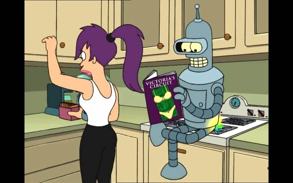 A ciclope Turanga Leela na cozinha com o robô Bender vendo o catálogo da Victoria's Circuit, brincando com a marca de lingerie Victoria's Secret
