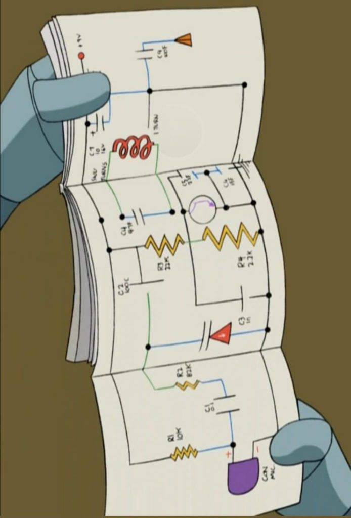 Revista de "nudez" de robôs em Futurama mostra diagrama circuito ao invés de mulheres nuas.