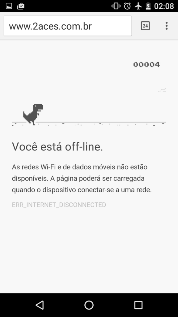 Tela de celular mostrando desenho de dinossauro e mensagem de offline