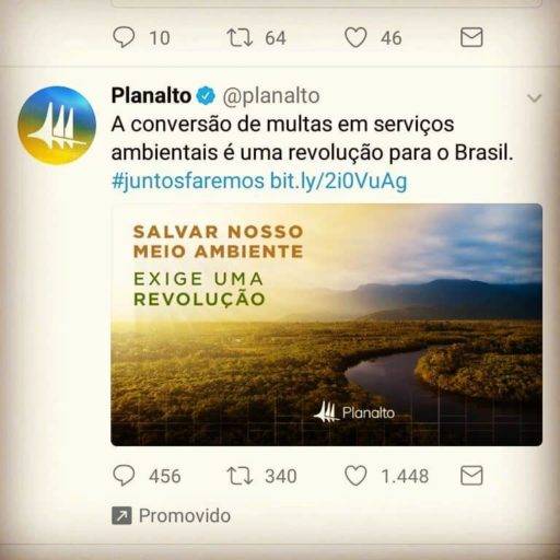 Tweet com o foto de floresta e o texto "A Conversão de multas em serviços ambientais é uma revolução para o Brasil"