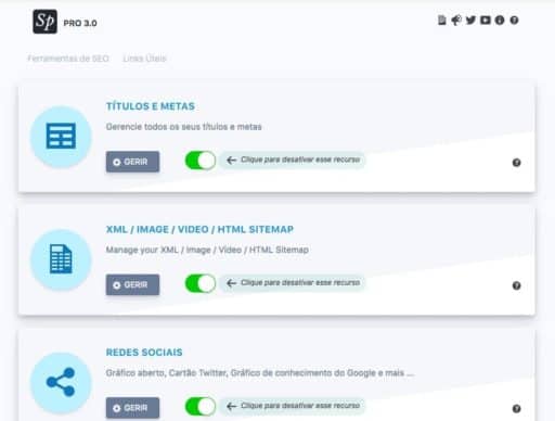 Tela Painel do plugin SEOPress apresentando opções básicas facilmente identificações em botões e textos claros e concisos