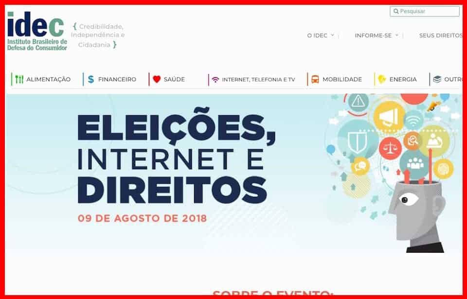 Site do IDEC com a chamada Eleições, Internet e Direitos e ilustração.