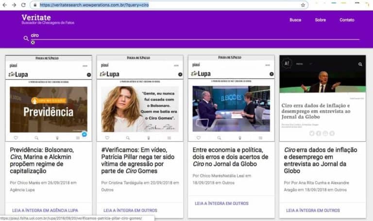Tela do buscador/agregador de checkagem de fatos Veritate mostrando notícias falando de Ciro Gomes