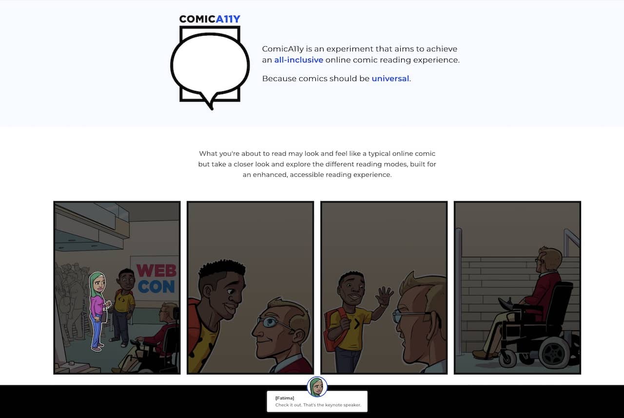 Una página web con cómics en modo con closed caption.