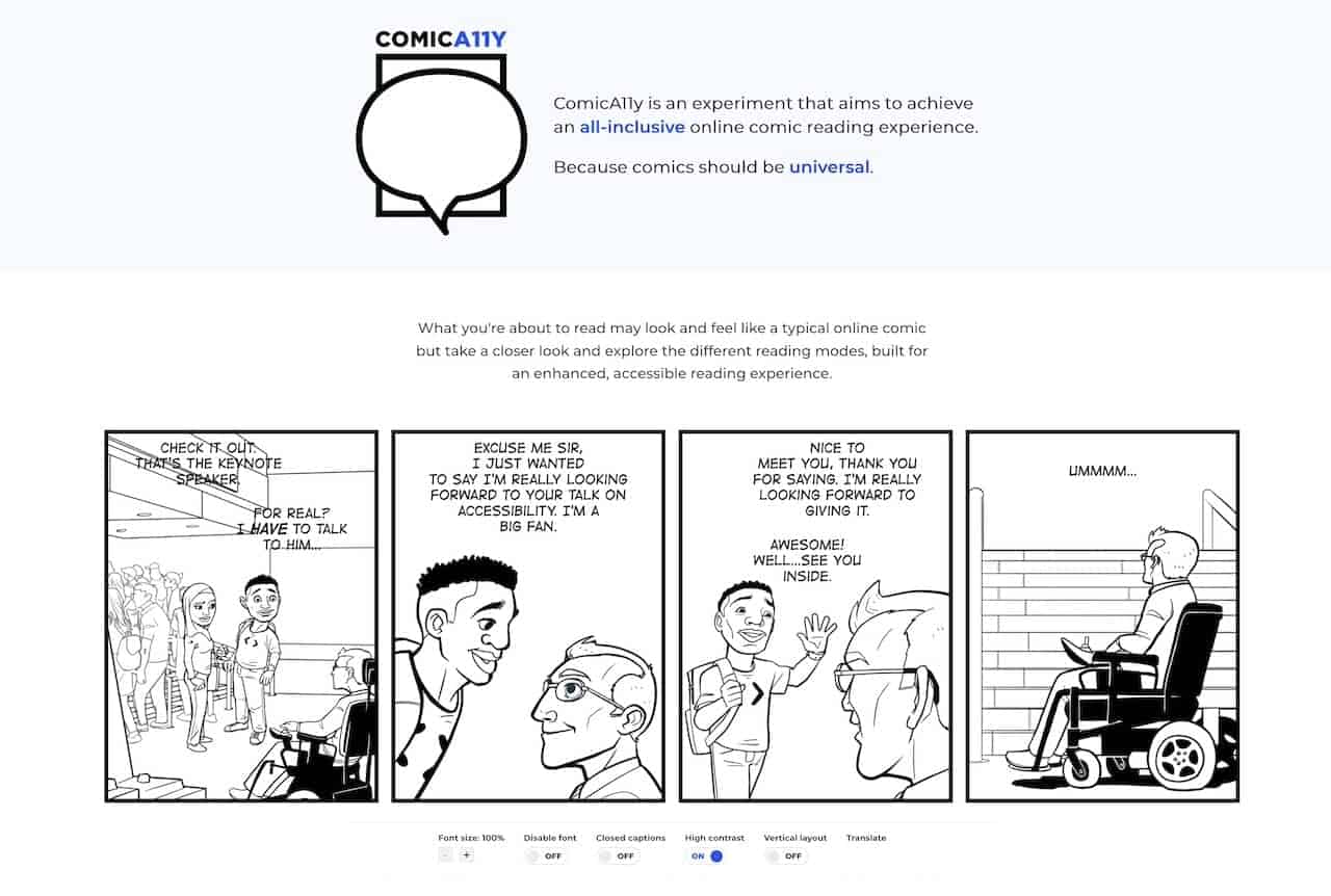 Una página web con cómics en modo de alto contraste en blanco y negro