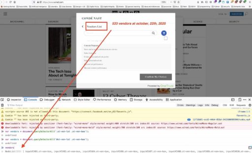 Screenshot of Wired.com with a list of 533+ vendors with their privacy policies