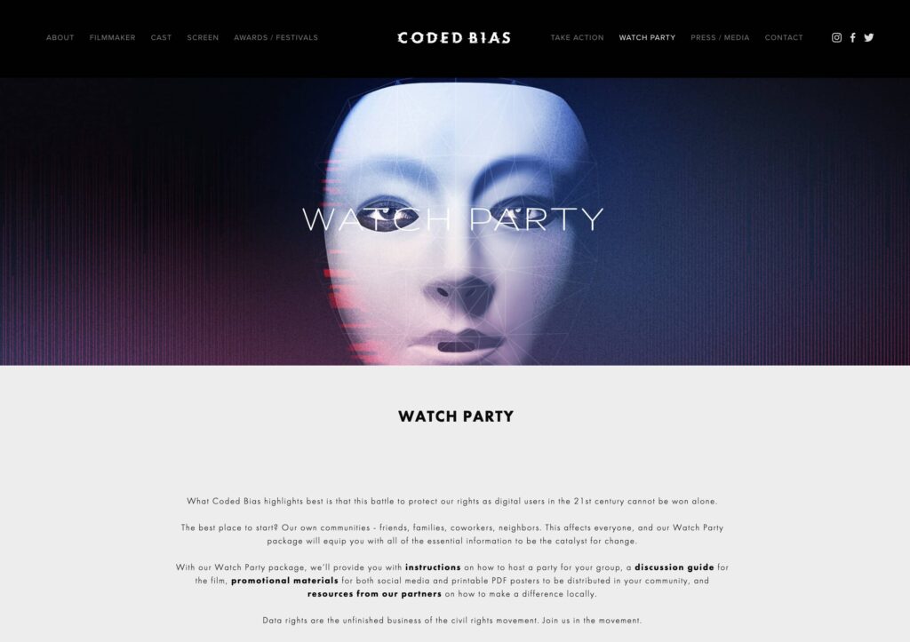 a website showing up a digital white face with some geometric shapes over it and the text about doing a watch party