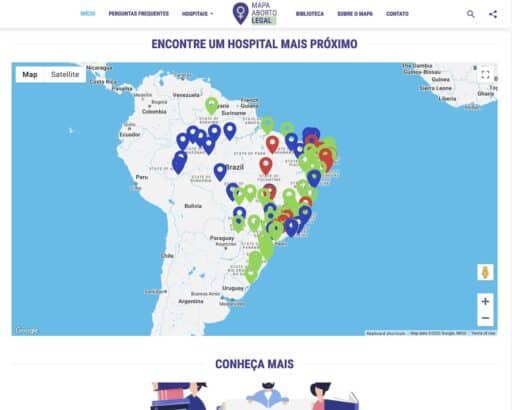 Site com mapa mostrando diversos pontos coloridos pelo Brasil. No topo, menu e a chamada Mapa do Aborto Legal, Artigo 19