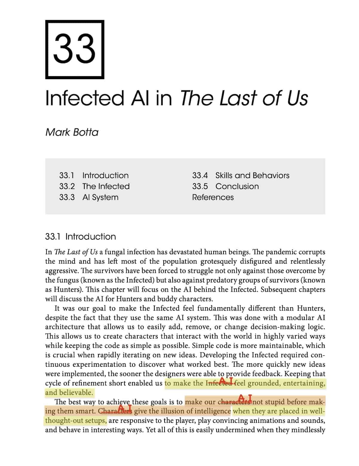Article page with the title "Infected AI in The Last of Us" and below, the text, which highlights the excerpt "The best way to achieve these goals is to make our characters not stupid before making them smart. Characters give the illusion of intelligence when they are placed in well-thought-out setups, are responsive to the player, play convincing animations and sounds, and behave in interesting ways." with the terms infected and characters crossed out and replaced by A.I. (artificial intelligence)