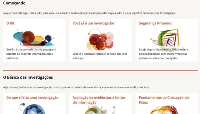 Captura de tela do site Expondo o Invisível. Sobre fundo amarelo claro, um arranjo em grade (grid) de 6 pequenas imagens abstratas com os seguintes textos abaixo de cada uma: O Kit; Você já é um investigador; Segurança primeiro!; Do que é feita uma investigação; Avaliação de evidências e fontes de informação; Fundamentos da checagem de fatos. E mais os títulos Navegando em Bibliotecas e Arquivos para Investigações; e Investigação é colaboração: como fazer funcionar