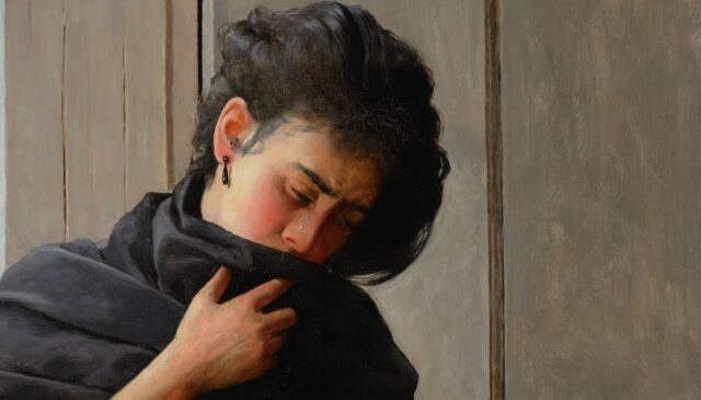 Pintura de mulher de cabelos até o pescoço, vestida de preto (vestido e chale) lendo uma carta em frente de uma janela. e com um semblante emocionado, misturando tristeza e saudade.