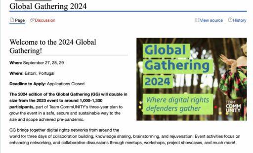 Página do site Global Gathering 2024 com o texto destacado, em inglês: "Welcome to the 2024 Global Gathering! When: September 27, 28, 29 Where: Estoril, Portugal Deadline to Apply: Applications Closed The 2024 edition of the Global Gathering (GG) will double in size from the 2023 event to around 1,000-1,300 participants, part of Team CommUNITY’s three-year plan to grow the event in a safe, secure and sustainable way to the size and scope achieved pre-pandemic. "