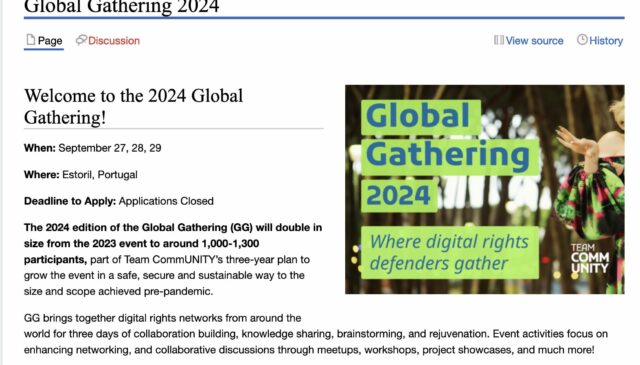 Página do site Global Gathering 2024 com o texto destacado, em inglês: "Welcome to the 2024 Global Gathering! When: September 27, 28, 29 Where: Estoril, Portugal Deadline to Apply: Applications Closed The 2024 edition of the Global Gathering (GG) will double in size from the 2023 event to around 1,000-1,300 participants, part of Team CommUNITY’s three-year plan to grow the event in a safe, secure and sustainable way to the size and scope achieved pre-pandemic. "