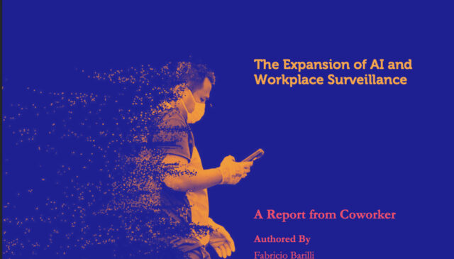 Cover ofthe report Little Tech goes Global, with the title and an image of a person with a cellphone on hands. The person looks like is dissolving in sand, but also data pixels, suggesting the relation between a person and data points.