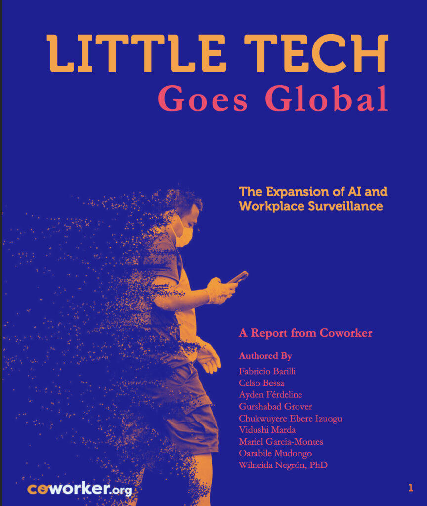 Cover ofthe report Little Tech goes Global, with the title and an image of a person with a cellphone on hands. The person looks like is dissolving in sand, but also data pixels, suggesting the relation between a person and data points.
