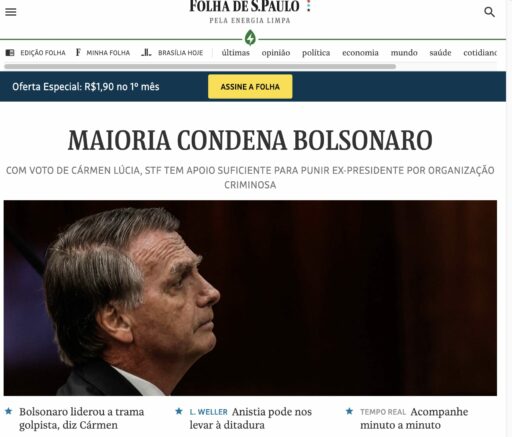 Imagem de tela do site Folha de São Paulo, mostrando foto de Bolsonaro em perfil, com semblante preocupado e em destaque, manchete Maioria Condena Bolsonaro: com voto de Cármen Lúcia, STF tem apoio suficiente para punir ex-presidente por organização criminosa.